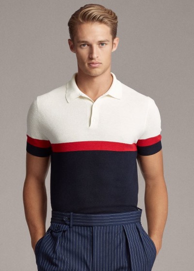 Sueter Ralph Lauren Hombre Azul Marino / Blancos / Rojos - Silk-Blend Polo-Collar - VIHZO6870